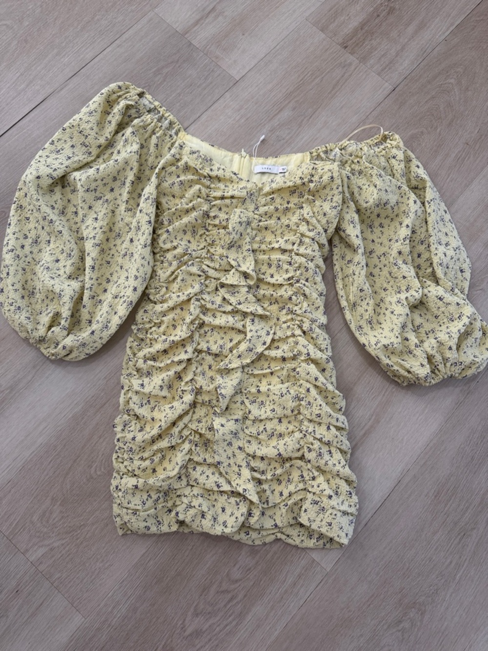 Lush Pale Yellow Floral Ruffle Puff-Sleeve Dress
